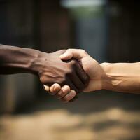 Closeup of two arms different race skin colors multinational friends shaking hands. AI Generated photo