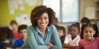 smiling African American woman teaching in classroom. AI Generated photo