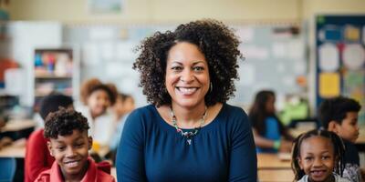 smiling African American woman teaching in classroom. AI Generated photo