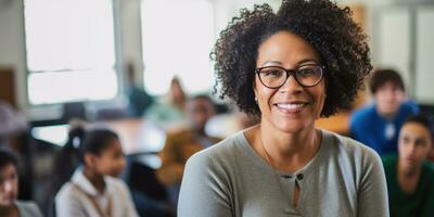 smiling African American woman teaching in classroom. AI Generated photo