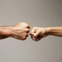 Closeup of two arms different race skin colors multinational friends giving fist bump. AI Generated photo