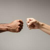 Closeup of two arms different race skin colors multinational friends giving fist bump. AI Generated photo