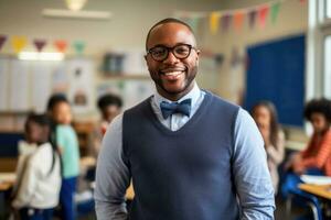 sonriente africano americano hombre vistiendo lentes enseñando en aula. ai generado foto