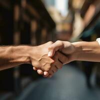 Closeup of two arms different race skin colors multinational friends shaking hands. AI Generated photo