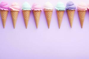 various ice cream scoops in waffle cones isolated on purple. AI Generated photo