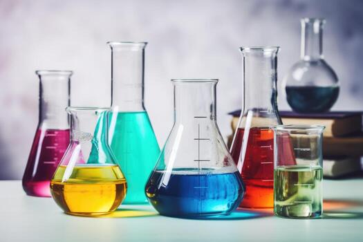 Laboratory equipment beakers and flask with backlight in different group. AI Generated photo