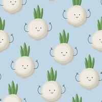 Vector Seamless Pattern with Cute Cartoon Funny Onions. Children Healthy Nutrition Concept. Baby Vegetable Characters