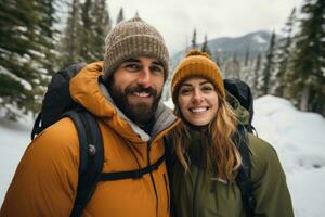 AI generated Couple hiking in mountains in winter. AI Generated photo