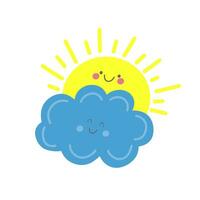 Happy sun with a cloud. Cute hand drawn vector illustration.