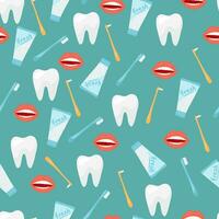 Seamless pattern with cute teeth, toothbrush, toothpaste in cartoon style. Dental cute background. Illustration for children dentist cabinet, pediatric dentistry. vector