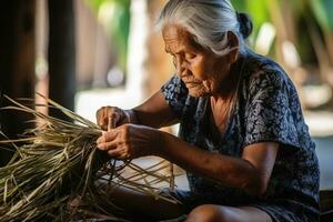 Woman weaving wicker basket indoors. AI Generated photo
