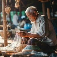 old man knitting a fishing net. AI Generated photo