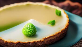 AI Generated Beautiful key lime pie with whipped cream and peel closeup on a plate. Generative AI photo