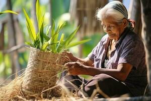 Woman weaving wicker basket indoors. AI Generated photo