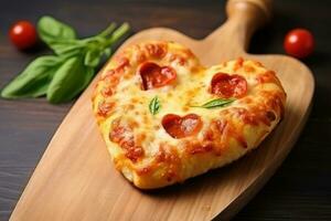 Heart shaped pizza on wooden background. AI Generated photo