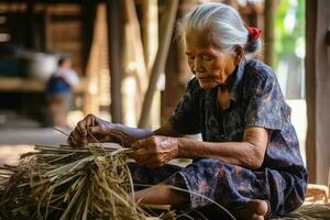 Woman weaving wicker basket indoors. AI Generated photo