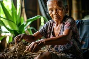 Woman weaving wicker basket indoors. AI Generated photo