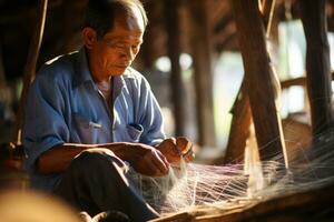 old man knitting a fishing net. AI Generated photo
