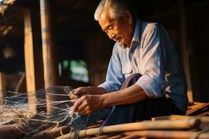 old man knitting a fishing net. AI Generated photo