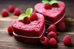 Heart shaped red velvet cake for Valentine's day on dark background. AI Generated photo