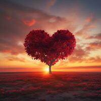 Red Heart Shaped Tree on sunset. AI Generated photo