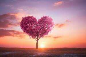 rosado corazón conformado árbol en puesta de sol. ai generado foto