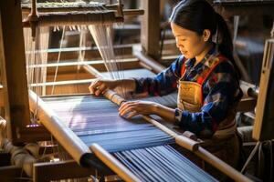 Master weaver is weaving fabric . AI Generated photo