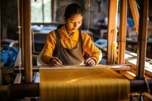 Master weaver is weaving fabric . AI Generated photo
