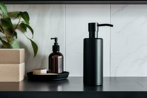 AI generated Soap dispenser in bathroom interior. AI Generated photo