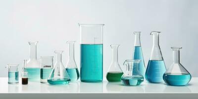 Laboratory equipment beakers and flask with backlight in different group. AI Generated photo