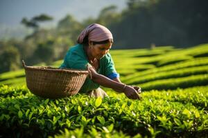 Farmers collecting tea at tea plantation. AI Generated photo