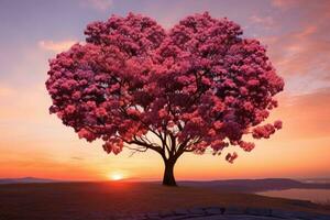 rosado corazón conformado árbol en puesta de sol. ai generado foto