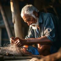 old man knitting a fishing net. AI Generated photo