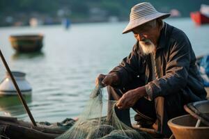 old man knitting a fishing net. AI Generated photo