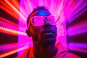 portrait of young african american man in neon light. AI Generated photo