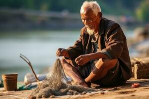 old man knitting a fishing net. AI Generated photo