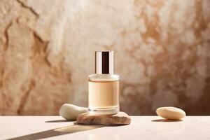 glass Cosmetic bottle on stone podium beige background with copy space. AI Generated photo