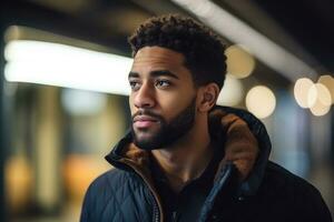 Portrait of black confident man with copy space. AI Generated photo