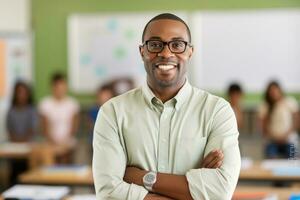 smiling African American man wearing glasses teaching in classroom. AI Generated photo