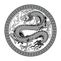 Hand Drawn Illustration of Asian Dragon in Circle Frame vector