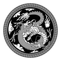 Traditional Oriental Dragon Symbol Hand Drawn in Circle Frame vector