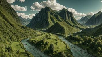 ai generado majestuoso verde cubierto de musgo Valle con río y montañas foto