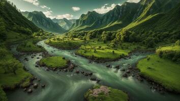 ai generado majestuoso verde cubierto de musgo Valle con río y montañas foto