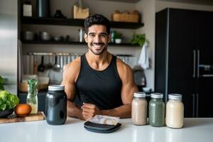 Young guy making protein shake at kitchen, copy space. AI Generated photo