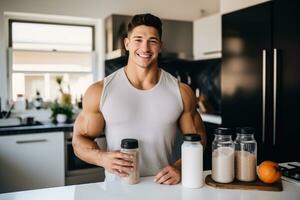 Young guy making protein shake at kitchen, copy space. AI Generated photo