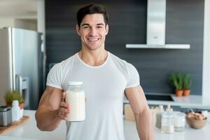 joven chico haciendo proteína sacudir a cocina, Copiar espacio. ai generado foto