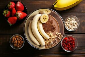 haciendo chocolate proteína sacudir bebida en licuadora, arriba vista. ai generado foto