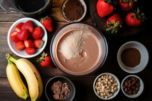 haciendo chocolate proteína sacudir bebida en licuadora, arriba vista. ai generado foto