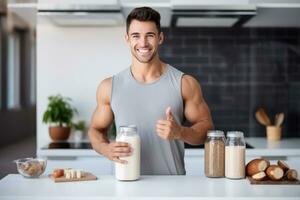 Young guy making protein shake at kitchen, copy space. AI Generated photo
