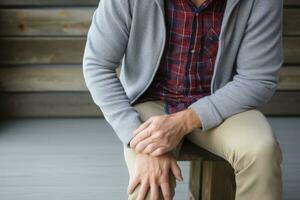 Joint pain, Arthritis and tendon problems. a man touching nee at pain point. AI Generated photo